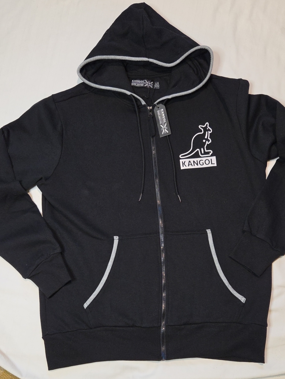 NWT Kangol Black Hoodie with Grey Trim and Kangaroo Logo Sz L